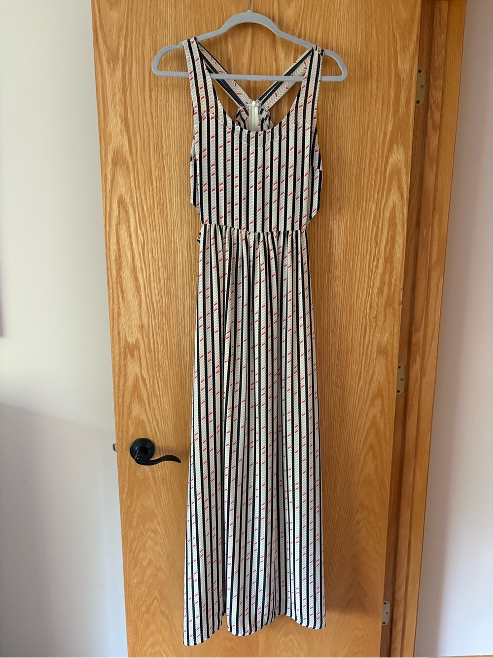 Striped Sleeveless Maxi Dress - White with Black & Red Stripes